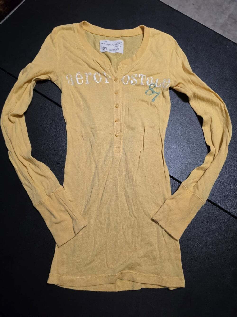 Aeropostale Stretch Slim Fit Henley Knit Logo Top, Yellow Long Sleeve, XS